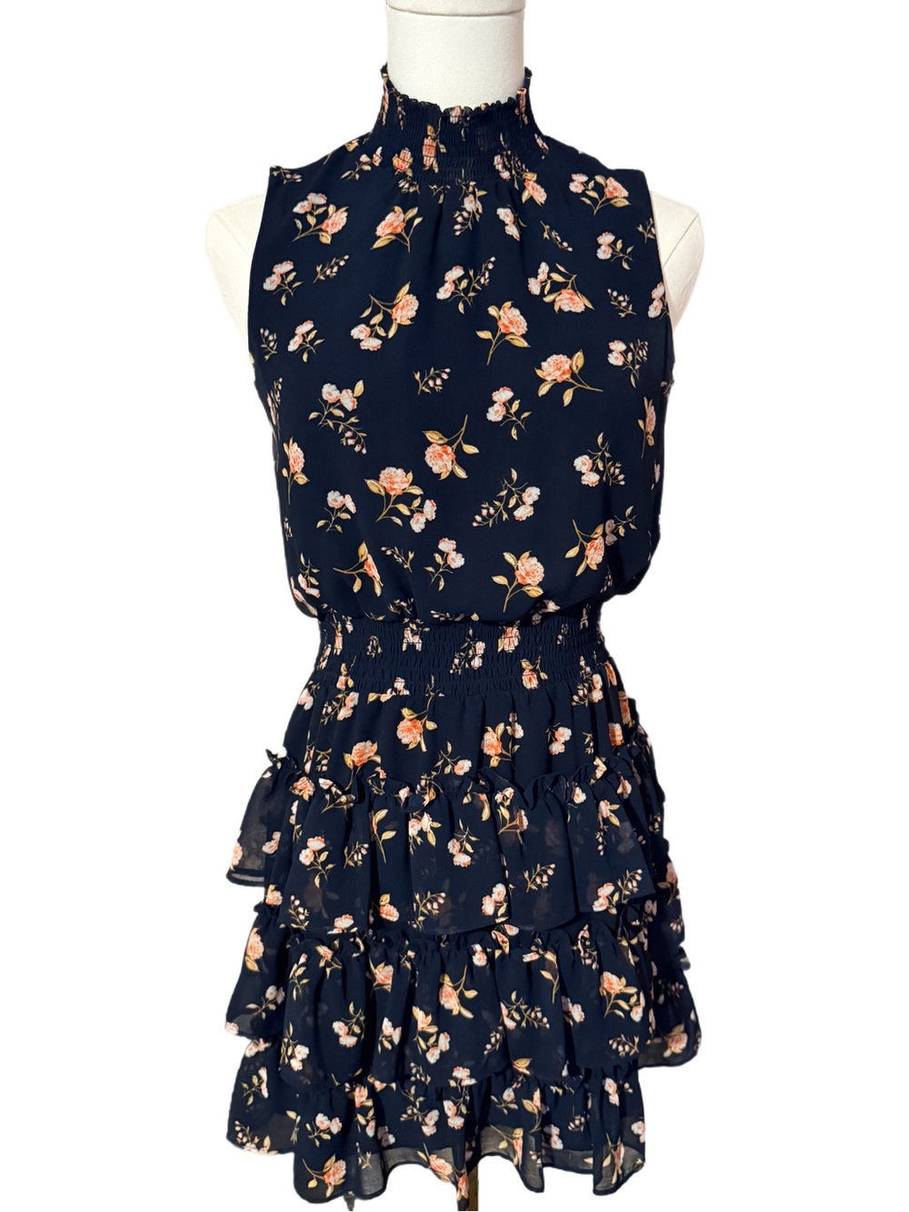 1.STATE Womens Floral Navy Blue Sleeveless High Neck Minidress Size Small